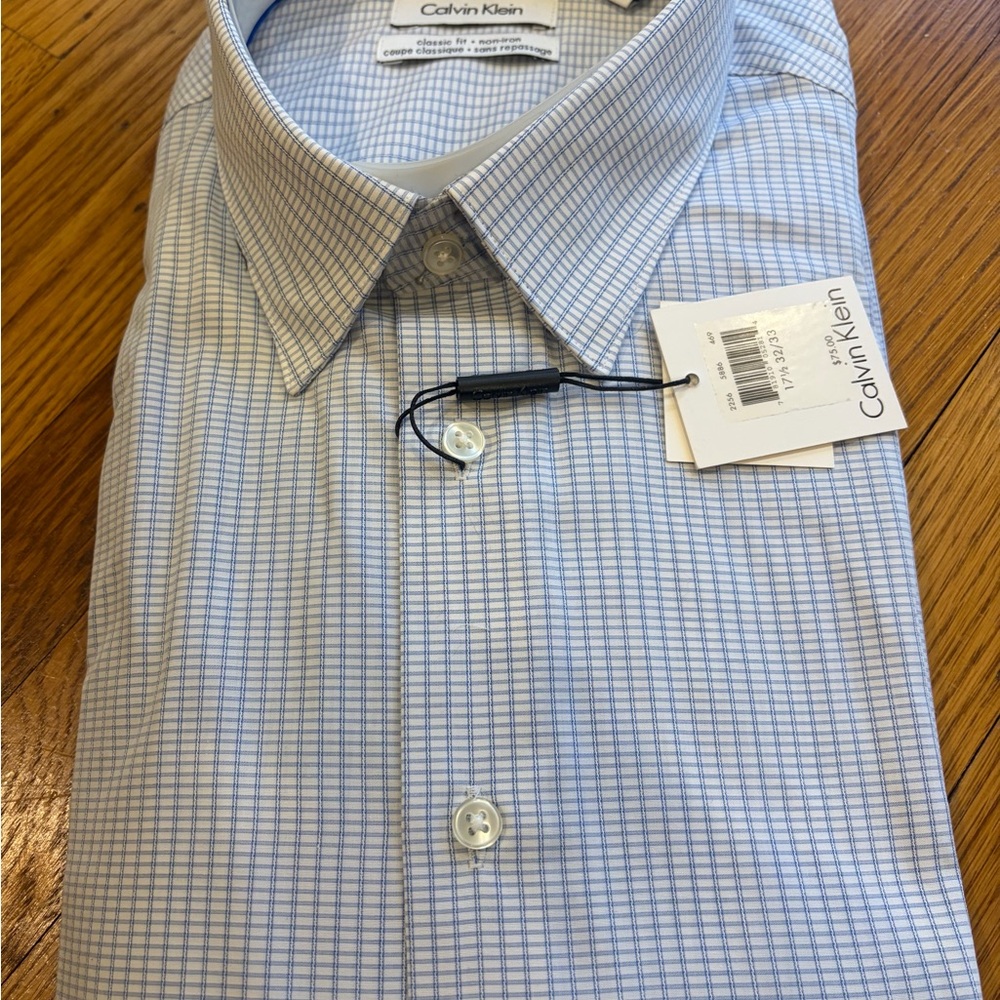 Calvin Klein Men’s Dress Shirt 17.5 32/33 Blue White Windowpane Slim Fit NWT